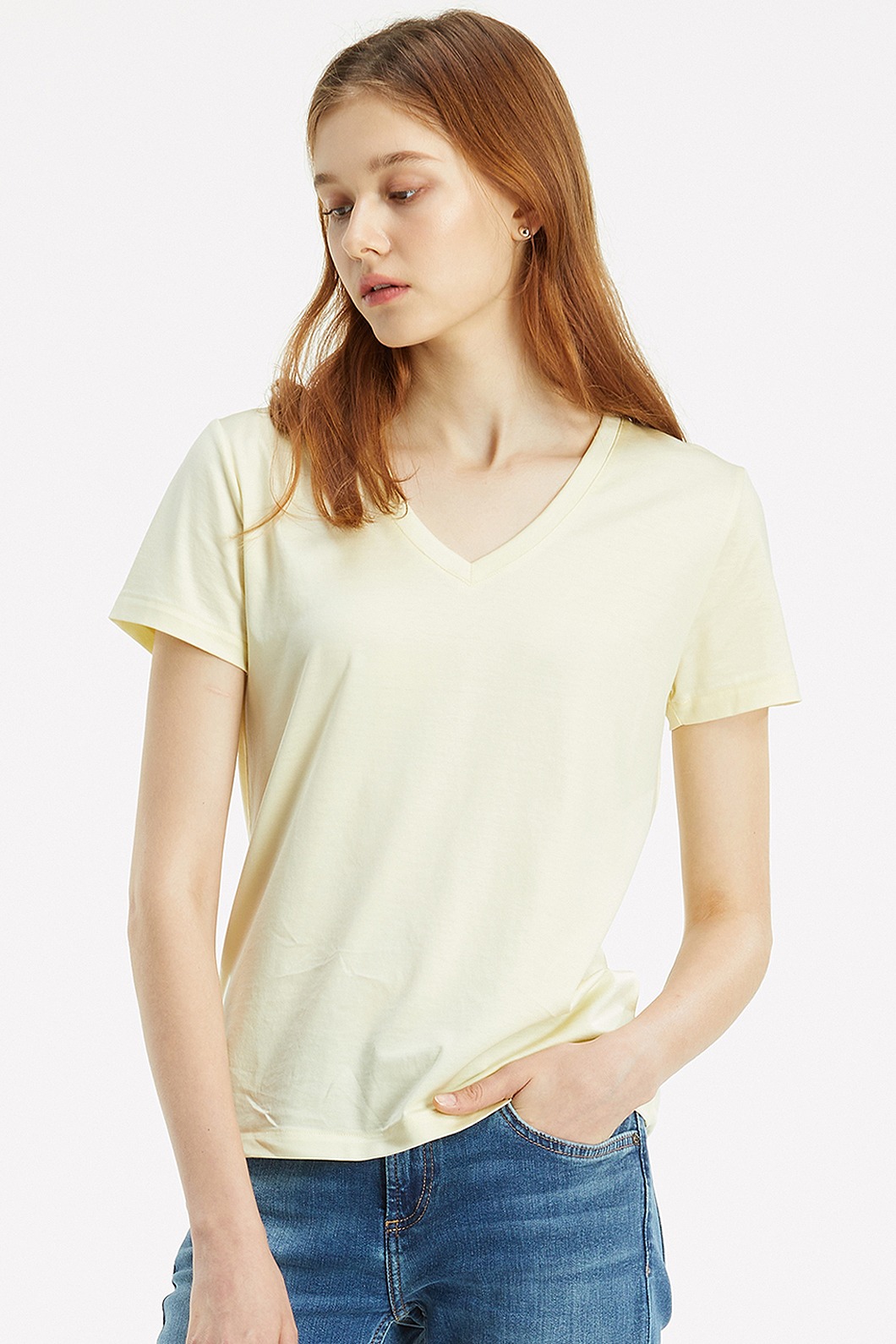 W_브이넥 클래식 &amp; 베이직 핏 반소매 티셔츠